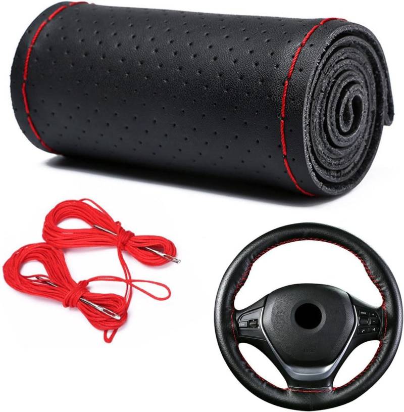 YUNZHISHIYE Universal Nähen Auto Lenkradbezug, Autozubehör Innenraum, DIY Rindsleder Auto Lenkradbezug, Passend Für 37-39 Lenkrad (Full Loch Schwarze rote Linie) von YUNZHISHIYE