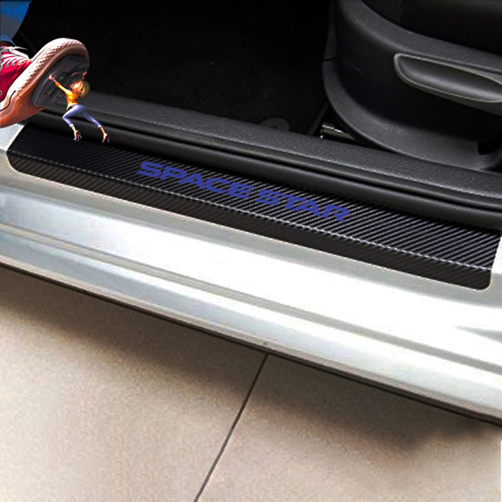 4 Stück Auto Einstiegsleisten Lackschutzfolie für Mitsu-bishi ASX Pajero L200 Lancer Mirage Tuning Zubehör, Kohlefaser Türstufenschutz Aufkleber mit Logo - Innen-Styling-Zubehör,Space Star Blue von YUPACK