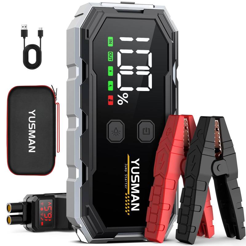 YUSMAN Starthilfe Powerbank 4000A, 12V Starthilfe Powerbank für pkw(8L Benzin oder 6L Diesel), powerbank starthilfe Auto mit LCD Display und Unterstützt 4 LED-Lichtmodi, Unterstützt Schnellladung von YUSMAN