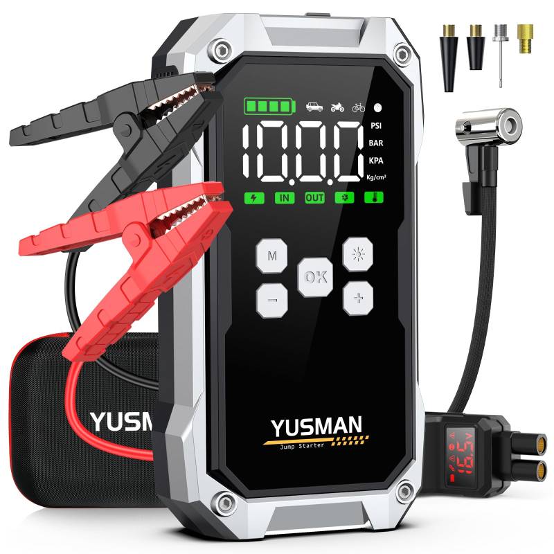 YUSMAN Starthilfe Powerbank mit 150PSI Kompressor, 6000A 12V Car Starthilfe Powerbank für alle Autos oder 10.0L Diesel,21800mAh 4-in-1 Tragbare Starter Powerbank mit 2 LED-Licht, LCD Display von YUSMAN