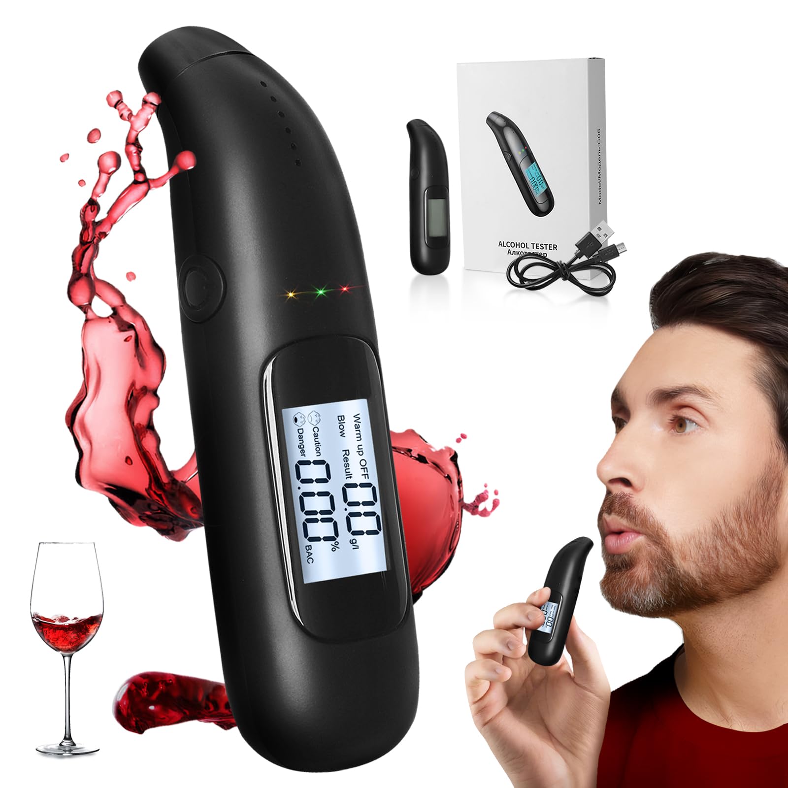 YUWJOOWEE Alkoholtester, Alkoholtester Polizeigenau, LCD-Anzeige Aufladbar Promillemessgerät, Tragbarer Atemalkoholtester Mouthpieces unnötig für Persönlichen und Professionellen von YUWJOOWEE