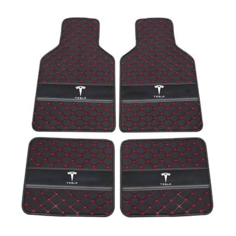 Leder-Auto-Fußmatten für Tesla Model X(5seats) 2015-2025, Strapazierfähiger Rutschfester Auto-Bodenbelag Autozubehör,C-Black Red von YXCYJ