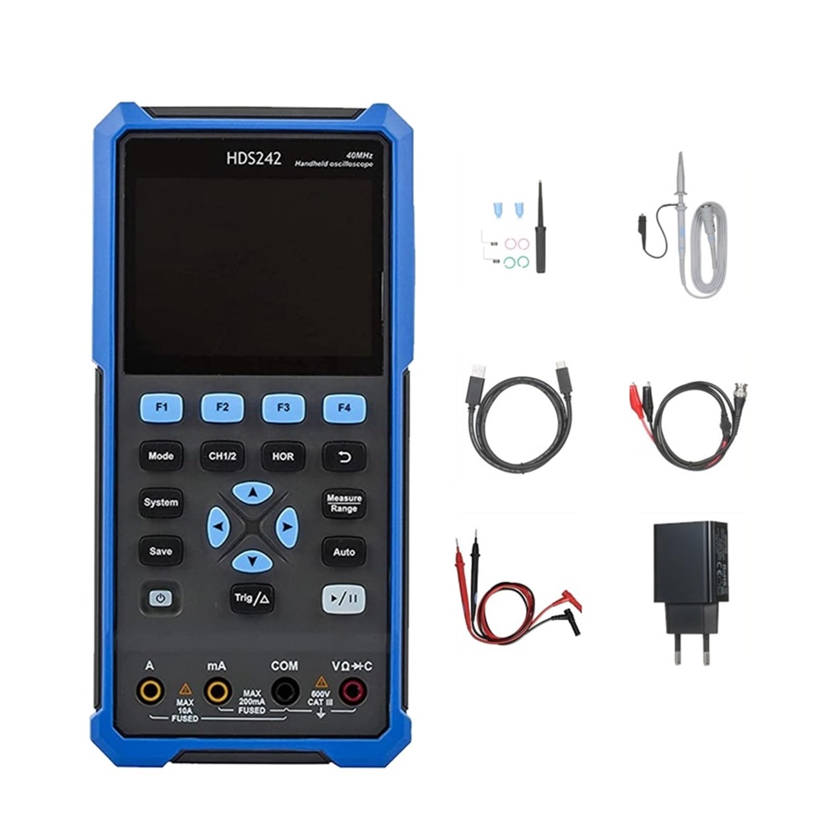 A53Q-HDS242 3,5 Zoll Oszilloskop Multimeter Wellenform Generator 2CH 40Mhz 4 1/2 Digit Handheld Digital(Blue EU Plug) von YZZMY
