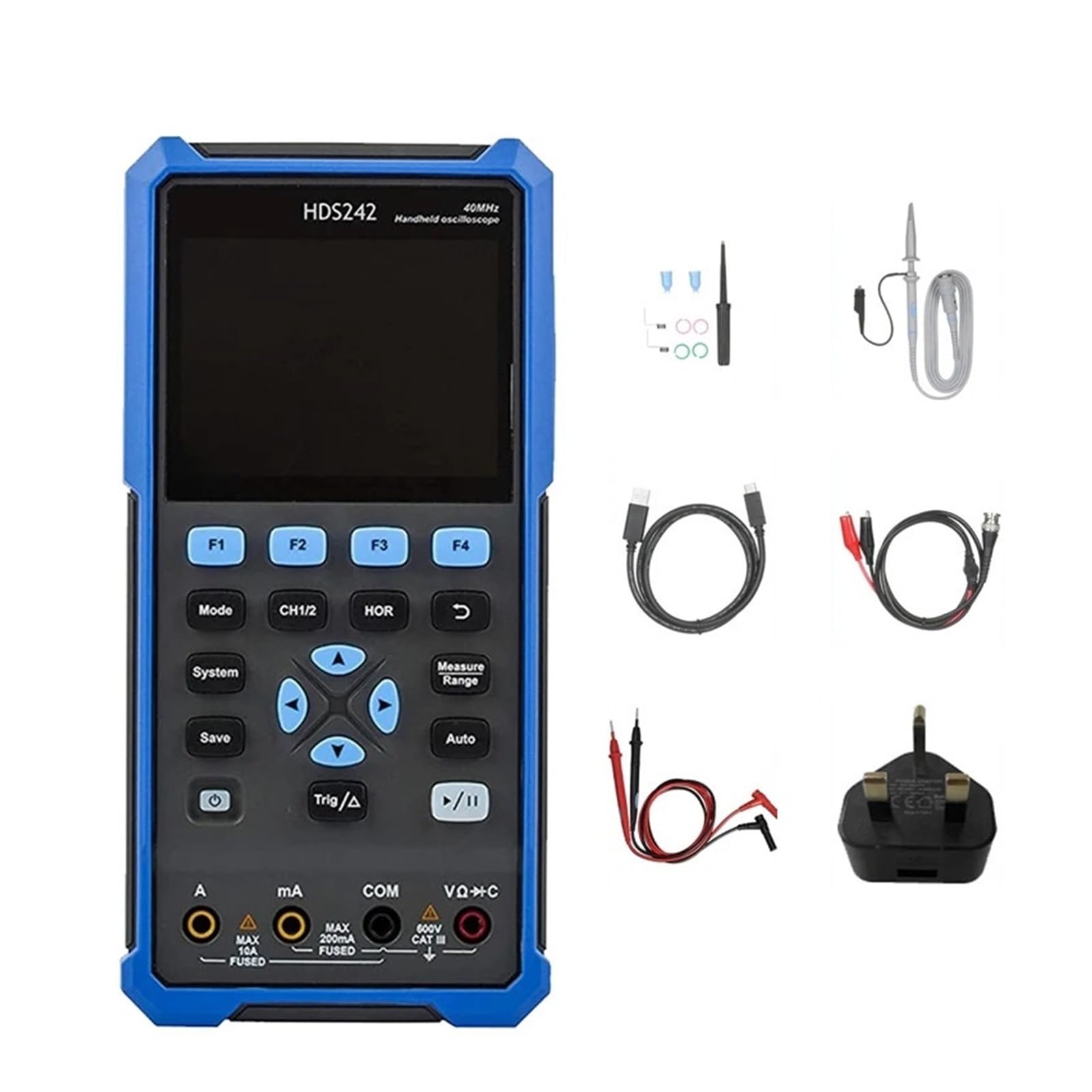 A53Q-HDS242 3,5 Zoll Oszilloskop Multimeter Wellenform Generator 2CH 40Mhz 4 1/2 Digit Handheld Digital(Blue UK Plug) von YZZMY
