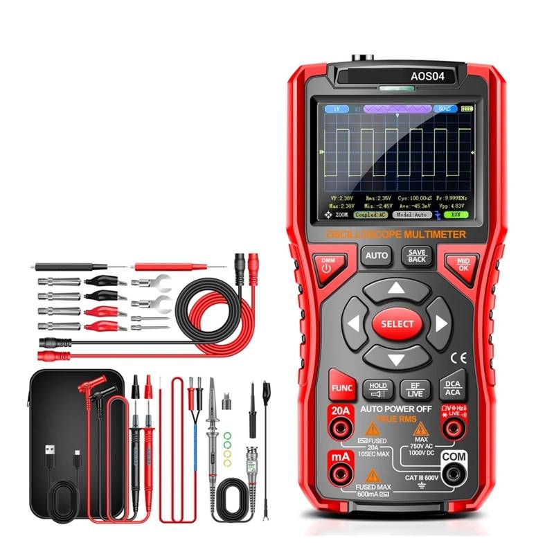 AOS04 Digitales Oszilloskop, 50 MS/s Abtastrate, 10 MHz, analoger Transistortest, Multimeter, Bandbreitenunterstützung, Wellenformspeicherung(AOS04 red pro) von YZZMY