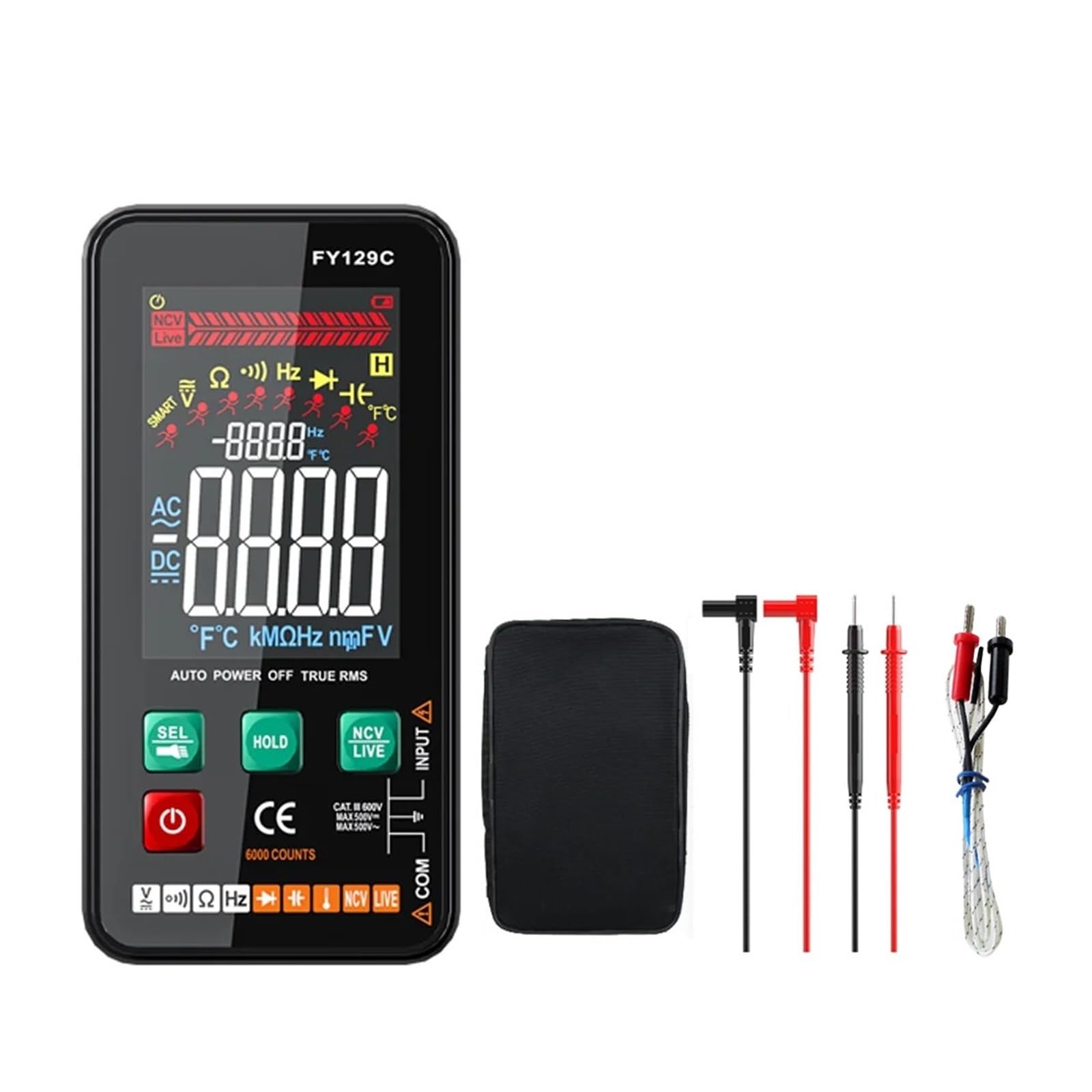 Digital-Multimeter mit Halterung LCD-Farbbildschirm AC/DC-Spannungstester Ohm Diode NCV Frequenz Live Wire Check(FY129C) von YZZMY
