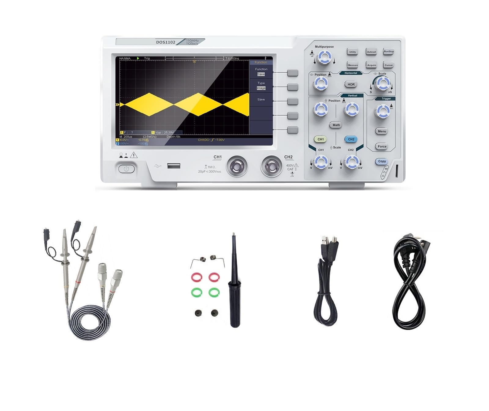 Digitales Oszilloskop, 5 mV/Div, 2/4 Kanäle, 110 MHz Bandbreite, 1 GS/s Abtastrate, 7-Zoll-TFT-Speicher, Desktop-Oszilloskop(DOS1102,Us) von YZZMY
