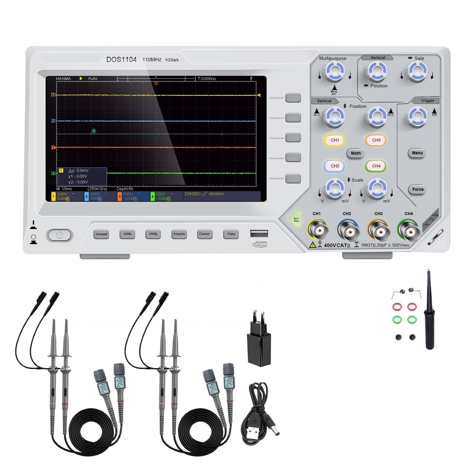 Digitales Oszilloskop, 5 mV/Div, 2/4 Kanäle, 110 MHz Bandbreite, 1 GS/s Abtastrate, 7-Zoll-TFT-Speicher, Desktop-Oszilloskop(DOS1104,Us) von YZZMY