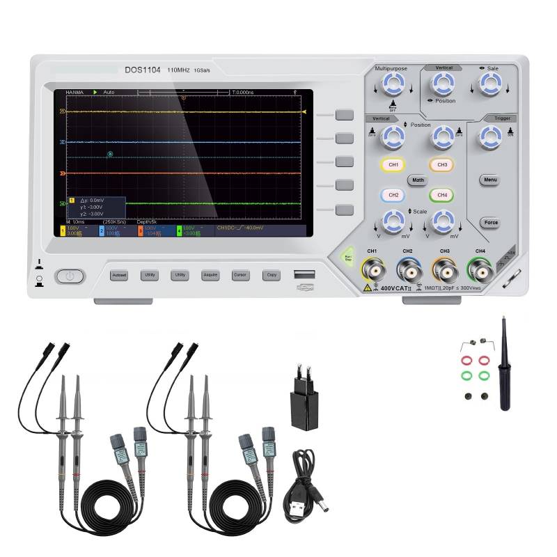 Digitales Oszilloskop, 5 mV/Div, 2/4 Kanäle, 110 MHz Bandbreite, 1 GS/s Abtastrate, 7-Zoll-TFT-Speicher, Desktop-Oszilloskop(DOS1104,Us) von YZZMY