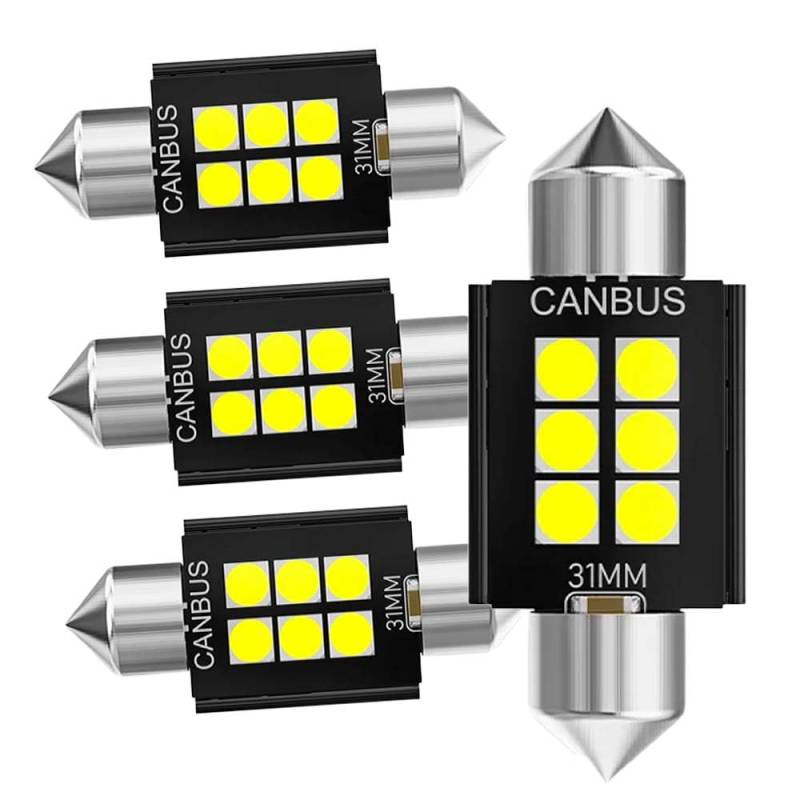 YaaGoo Auto-InnenSoffittenlamperaumleuchten Soffitte C5W 3030 6 SMD 300LM 6000K Gleichstrom 12V(4er-Pack, Weiß, 31mm) von YaaGoo