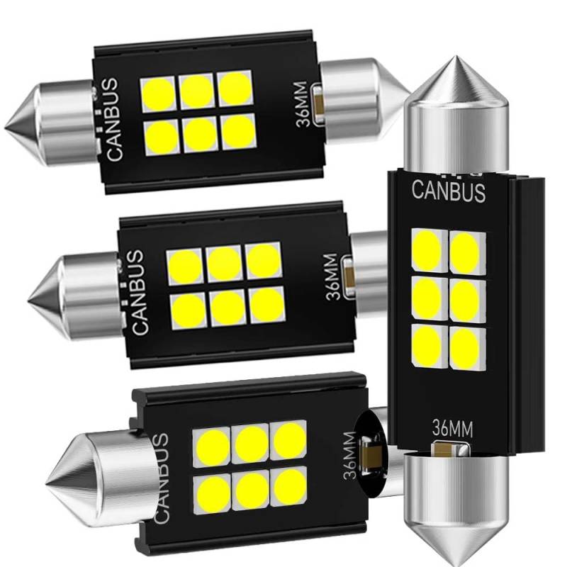 YaaGoo Auto-Innenraumleuchten 3030 6 SMD 300LM 6000K Gleichstrom 12/24V 2 Stück (4er-Pack, Weiß, 36mm) von YaaGoo