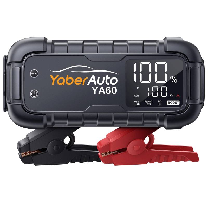 YaberAuto Starthilfe Powerbank, 6000A Auto Starthilfe, 65W USB C PD Starthilfe, 26,800mAh Starthilfe Powerbank, Starthilfegerät für All Benzin und 12.0L Dieselmotor, Starthilfe mit 600 Lumen Notlicht von YaberAuto