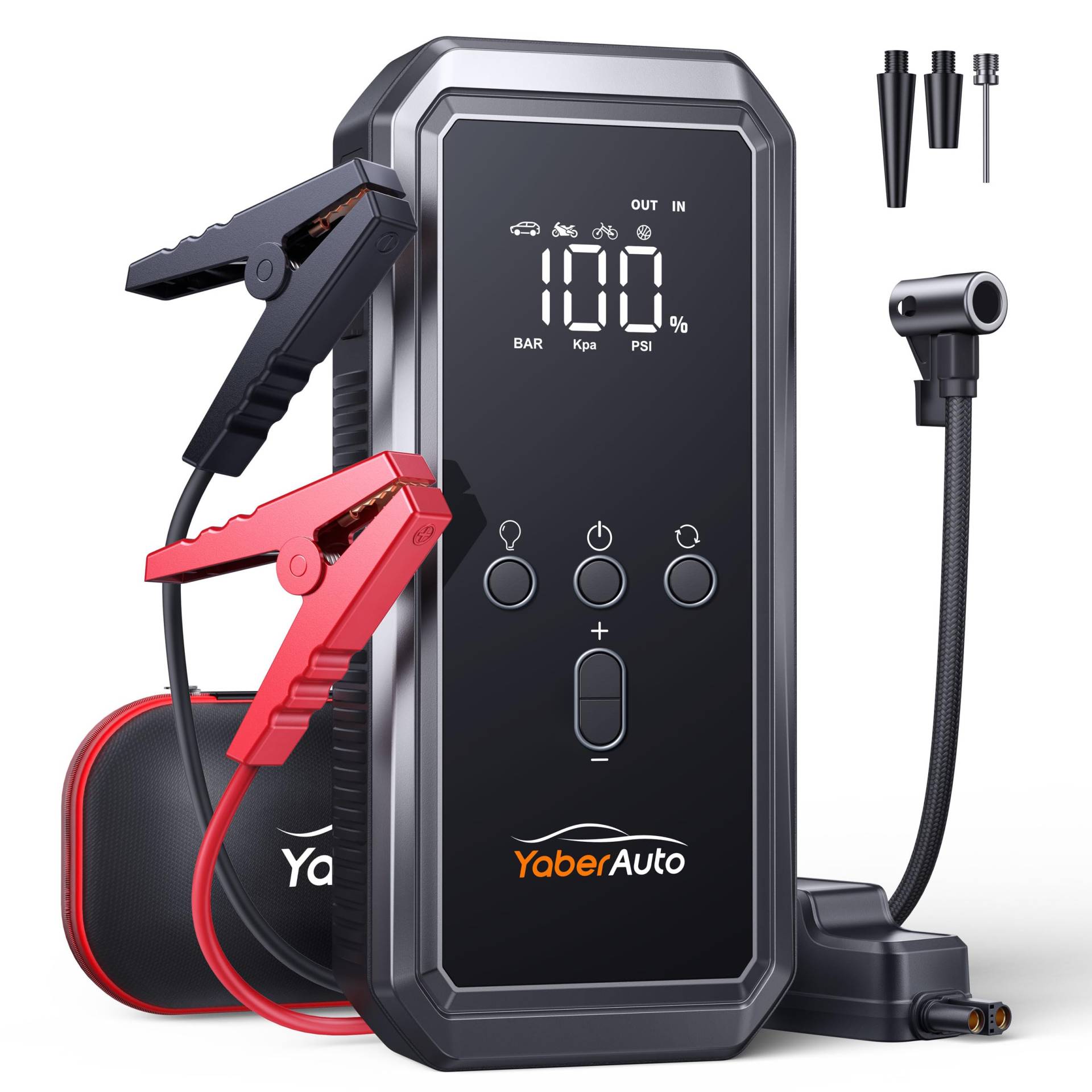 YaberAuto Starthilfe Powerbank mit 150PSI Kompressor, 4-in-1 Powerbank als Auto Starthilfe mit LCD Bildschirm, 3000A Spitzenleistung, 21800mAh Tragbare Starter Powerbank mit LED Taschenlampe, YA70 von YaberAuto