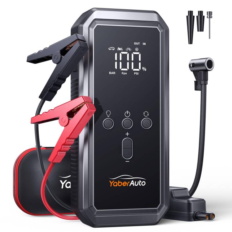 3500A Auto Starthilfe, YaberAuto Starthilfe Powerbank mit 150PSI Kompressor, 21,800mAh Starthilfe Powerbank, Starthilfe mit 300 Lumen Notlicht, 4 in 1 Powerbank als Starthilfe mit LCD Bildschirm, YA70 von YaberAuto