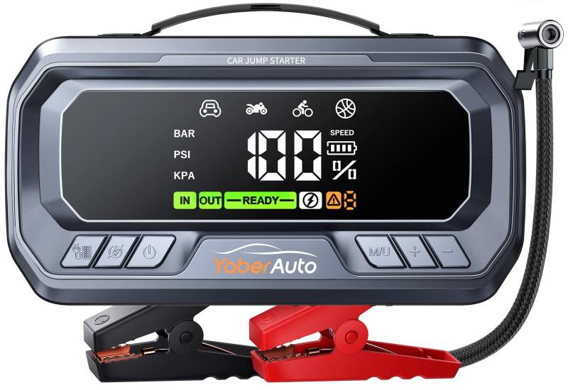 YaberAuto Starthilfe Powerbank mit Kompressor, 160PSI 6500A Auto Starthilfe, PD 65W Starthilfe Powerbank für All Benzin und 12.0L Dieselmotor, Starthilfe mit 600 Lumen Notlicht und 3.3" LCD Bildschirm von YaberAuto
