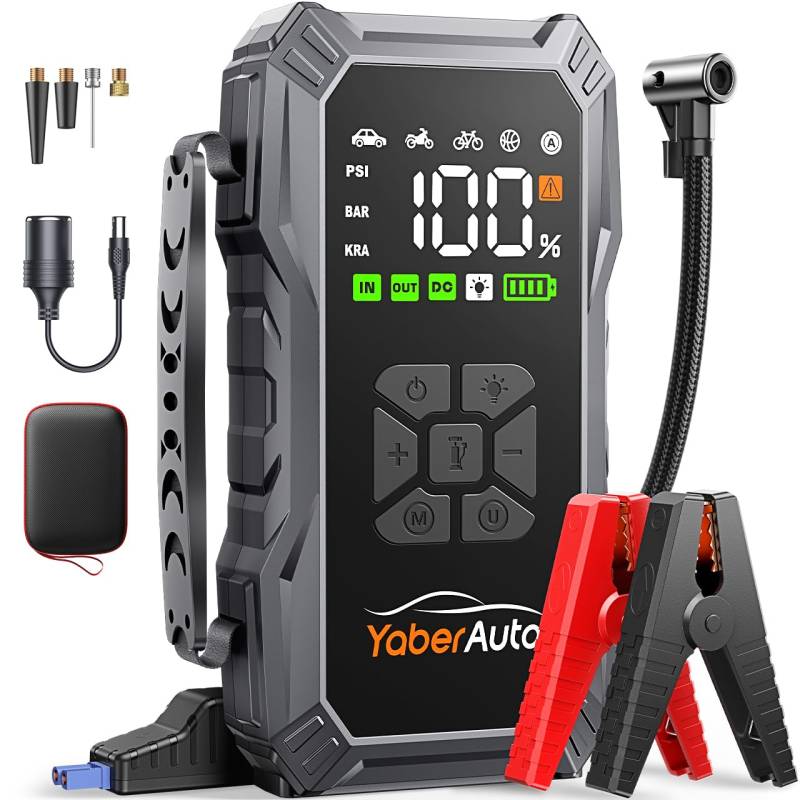 YaberAuto Starthilfe Powerbank mit Luftkompressor, 150PSI 5500A Auto Starthilfe, 23,800mAh Starthilfe, Starthilfe Auto (All Benzin und 10.0L Dieselmotor) mit LCD Bildschirm und 500 Lumen Notlicht von YaberAuto