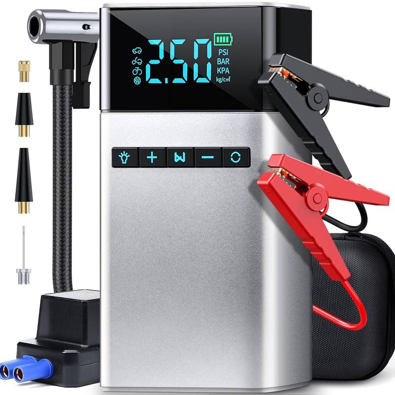 Yabtf Auto Starthilfe Powerbank mit 150PSI Luftkompressor, 3500A Spitzstrom, Jump Starter Tragbar für Alle Benzin und 8L Dieselmotoren, 12V Batteriestarter Auto mit Taschenlampe, USB, Starthilfekabel von Yabtf