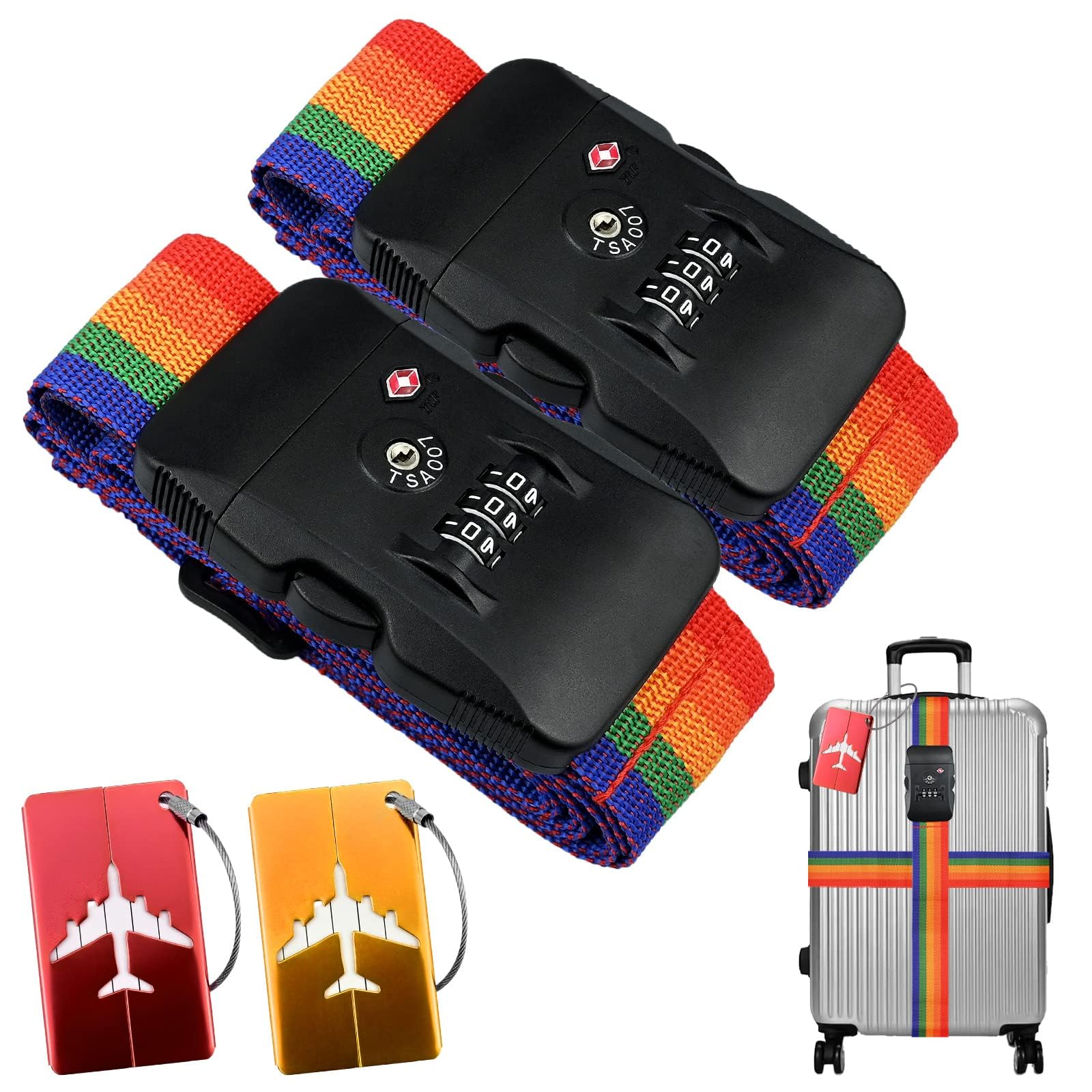 Koffergurt Kofferband mit 2 TSA Zahlenschloss, 2 Stück Einstellbare Kreuz Gepäckgurt Gepäckband + 2 Stück Kofferanhänger mit Namensschild & Adressschild zum Sicher Reisen（Bunt） von YancLife