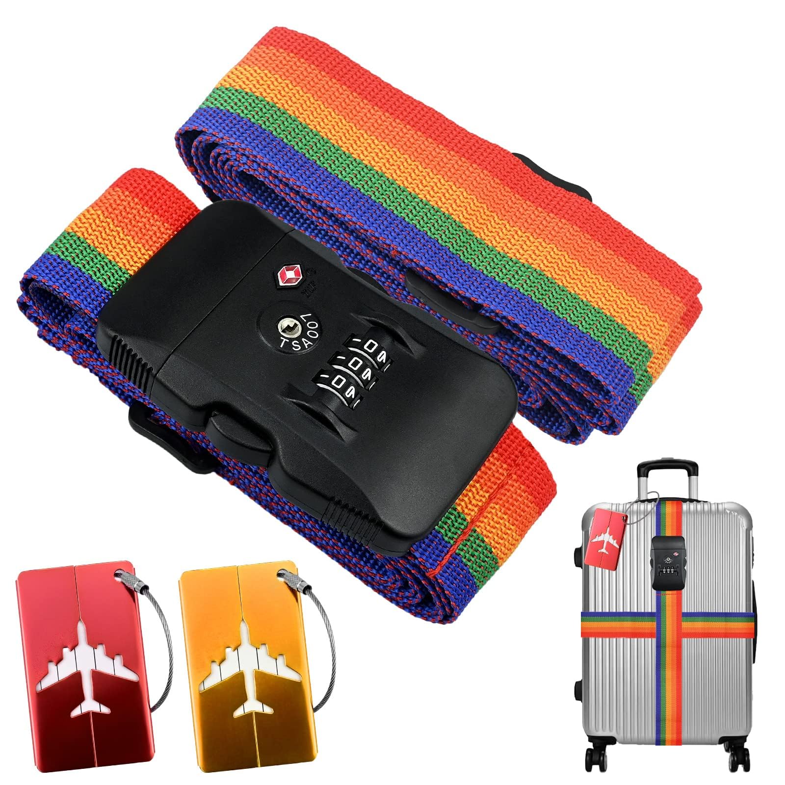 Koffergurt Kofferband mit 1 TSA Zahlenschloss, 2 Stück Einstellbare Kreuz Gepäckgurt Gepäckband + 2 Stück Kofferanhänger mit Namensschild & Adressschild zum Sicher Reisen（Bunt） von YancLife