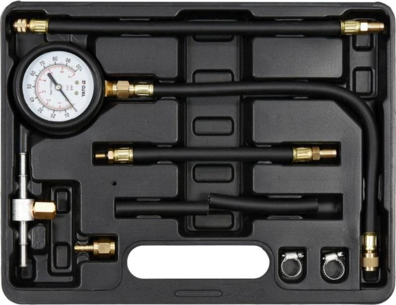 Yato Profi Benzin Druckprüfer Set 9 TLG, mit Manometer 0-100 psi / 0-7 Bar, Flexible Ablaufschläuche, Einspritzdruck Tester Kraftstoffdruck Prüfer Druckverlust von YATO