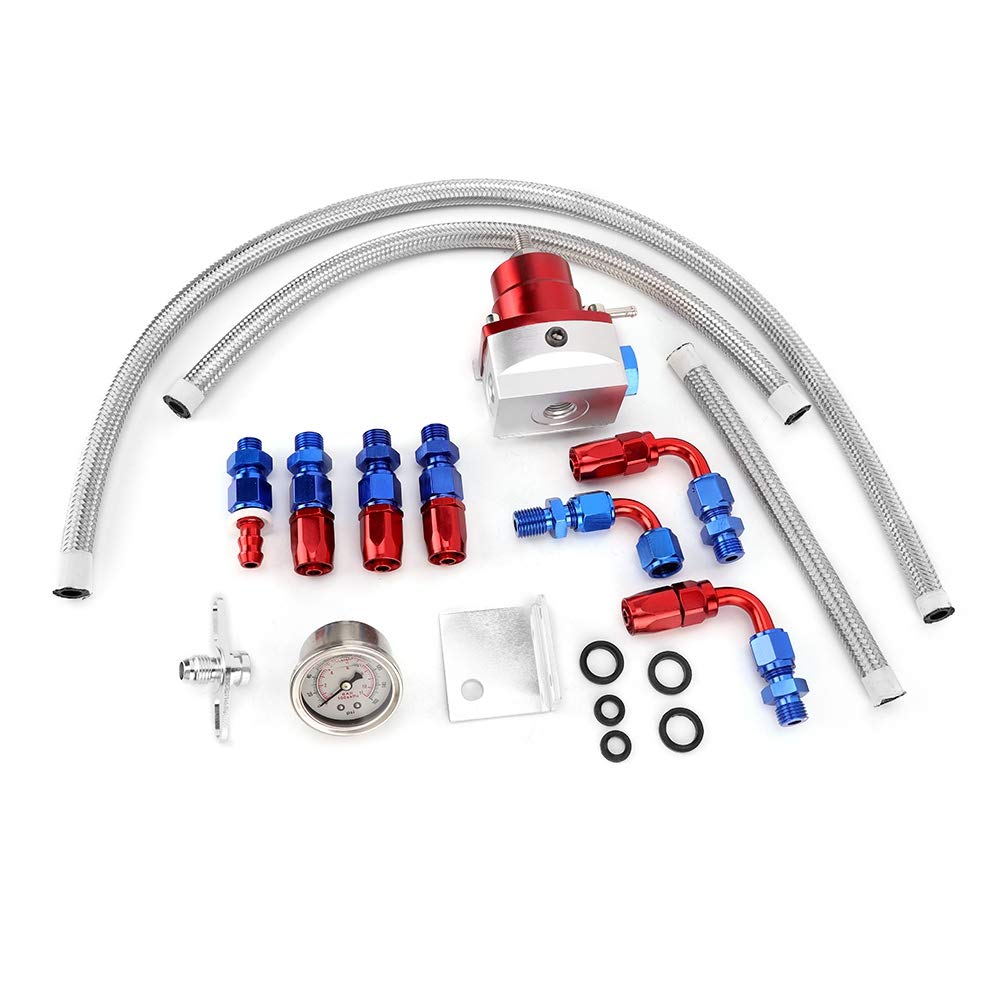 Yctze Kraftstoffdruckregler, Universal Aluminiumlegierung Einstellbarer Kraftstoffdruckregler Kit Öl 160psi Manometer AN 6 Fitting End(Rot + Blau) für Kraftstoffdruckregler Druckregler Kraftstoffdruck von Yctze