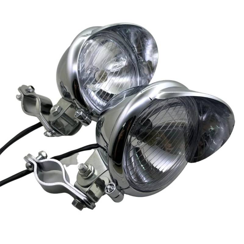 Yecnecty 1 Set Universal-Chrom-Motorrad-Scheinwerfer-Nebelscheinwerfer mit Überrollkäfig, Schutzstange, Rohrhalterung, kompatibel mit Harley Honda Yamaha Choppers Bike von Yecnecty