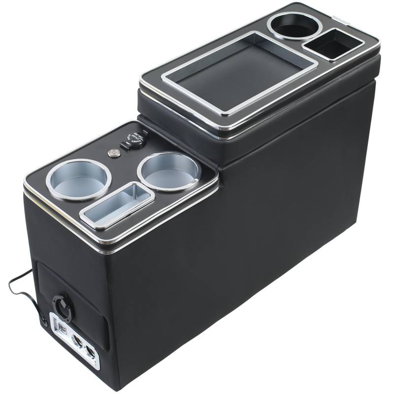 YedZen Mittelkonsole mit Ablagen Staufach, Glanz Leder Mittelkonsole Box Zubehör mit USB LED-Leuchten Zigarettenanzünder Getränkehalter Telefonhalter Kompatibel mit VW T4 T5 T6 T6.1 T7 von YedZen