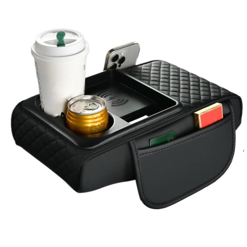 Auto Armlehne Abdeckung Pad | Kunstleder Auto Armlehnenbezug mit kabellosem Laden | Ellenbogenstütze mit Seitentasche und Getränkehalter für Wasserflasche, Taschentuchbox, Schlüssel von Yhsioaklo