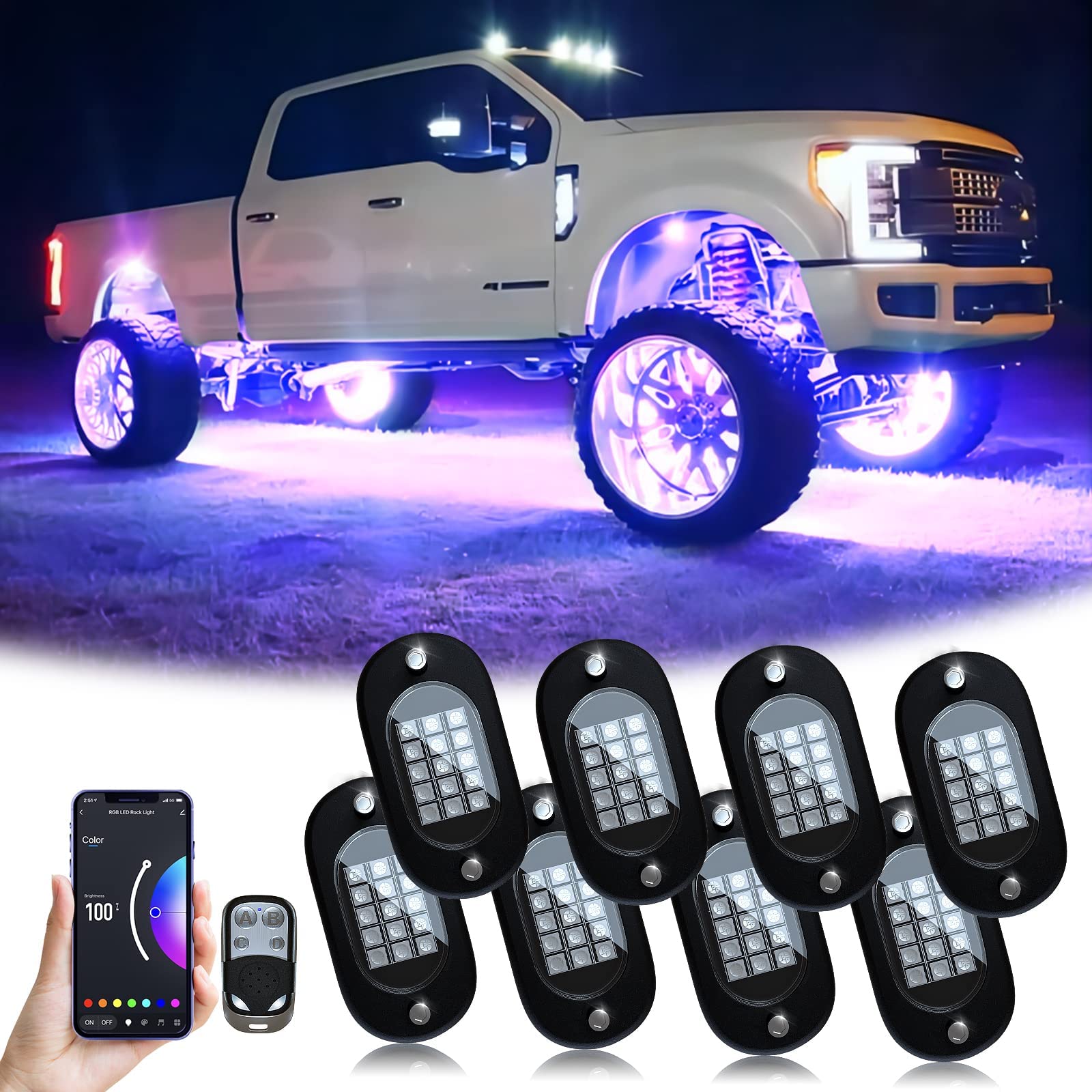 YiLaie Auto RGB LED Rock Licht Kit, Multicolor Hell Neon Light mit APP/RF-Steuerung,DIY Musikmodus Wasserdichtes Under Glow Light Kits für Auto Geländewagen SUV-8 Pods YiLaie Auto RGB LED Rock Licht Kit, Multicolor Hell Neon Light mit APP/RF-Steuerung,DIY Musikmodus Wasserdichtes Under Glow Light Kits für Auto Geländewagen SUV-8 Pods von YiLaie