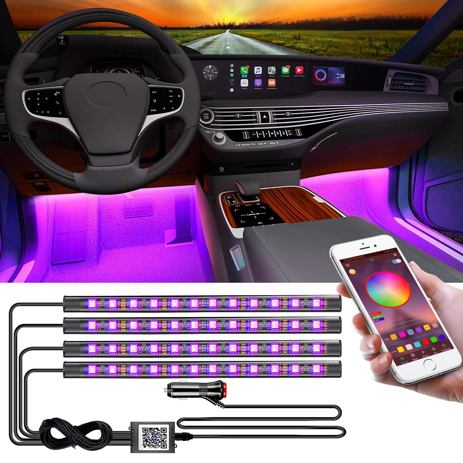 YiLaie Upgrade Auto-Innenbeleuchtung mit Smart-App-Steuerung, 4 Stück 48 LEDs, Auto-LED-Lichtstreifen, mehrfarbig, mehrere Szenen und Musik-Synchronisation unter dem Armaturenbrett von YiLaie