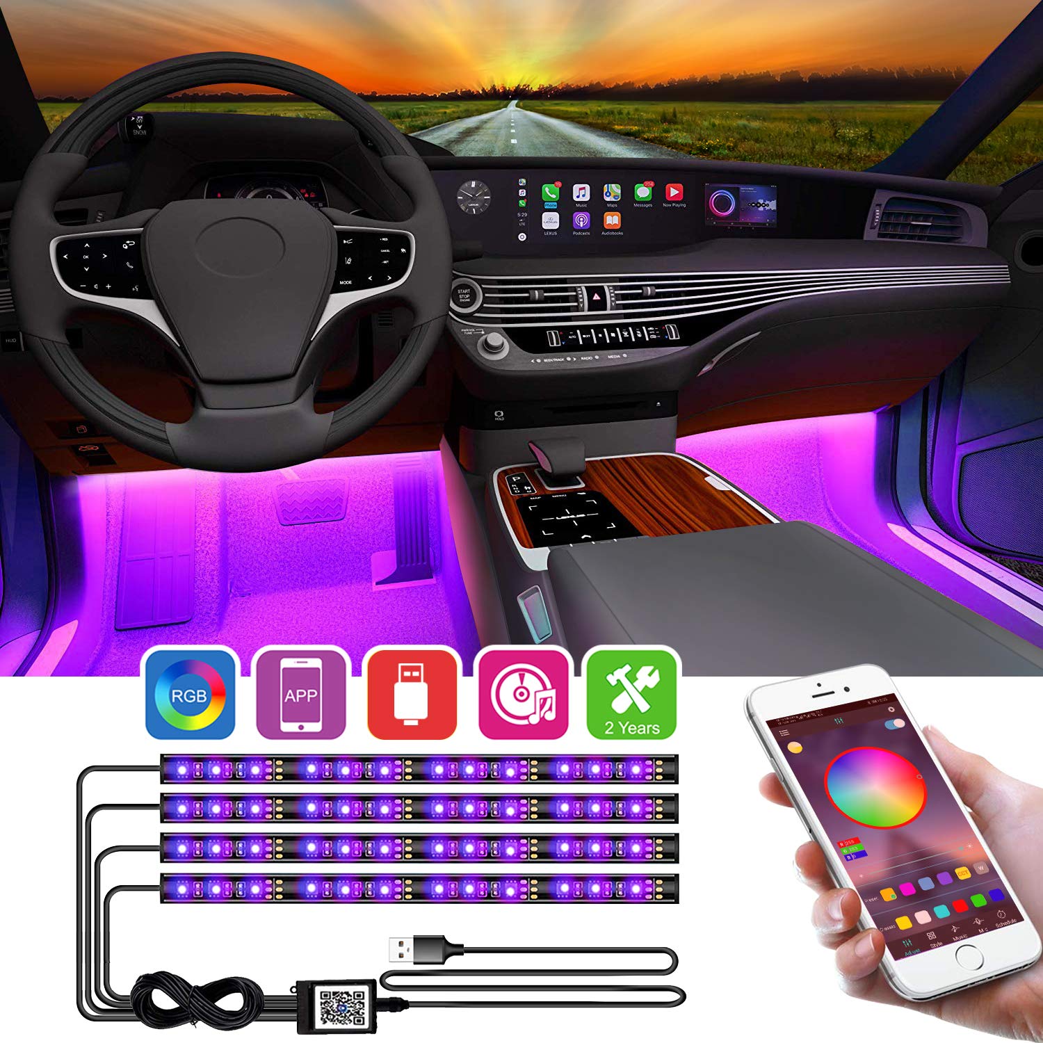 LED Innenbeleuchtung Auto,4pcs 48LED Atmosphäre Licht Auto RGB Strips wasserdichte Innenraumbeleuchtung,APP Steuerbare mit Musik Synchronisation,5V USB-Port von YiLaie