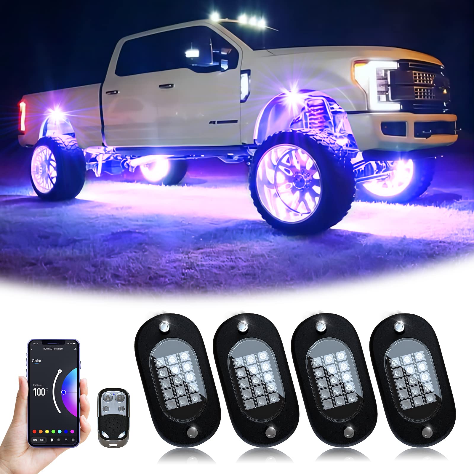 Auto RGB LED Rock Licht Kit, Multicolor Hell Neon Light mit APP/RF-Steuerung,DIY Musikmodus Wasserdichtes Under Glow Light Kits für Auto Geländewagen SUV von YiLaie