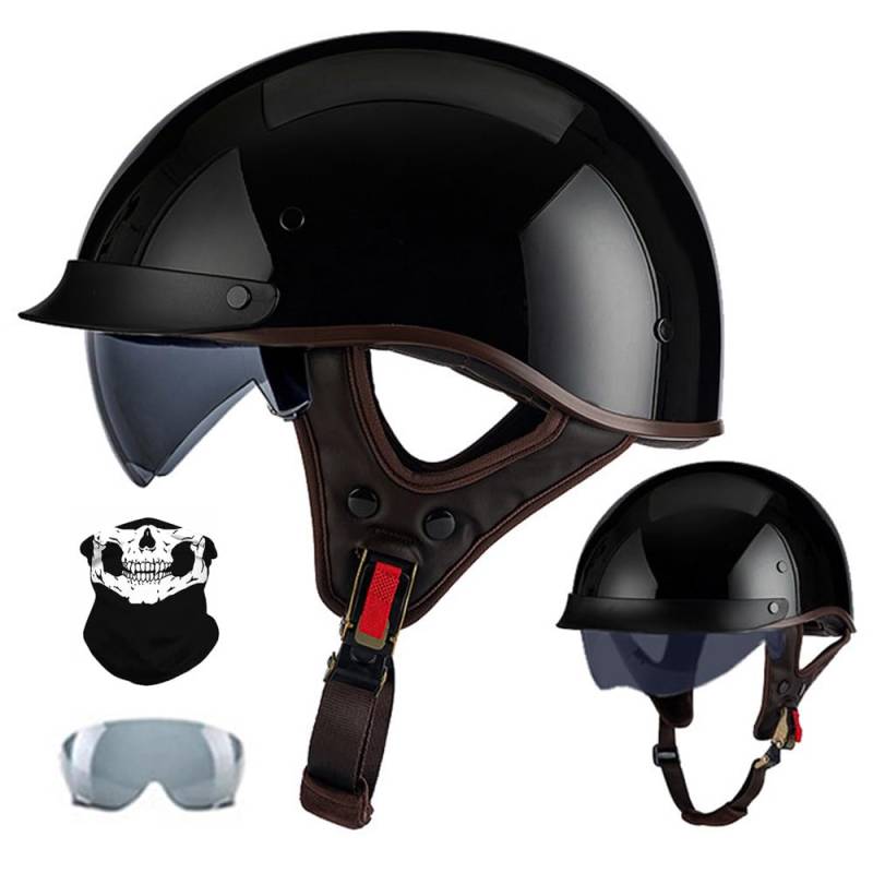 Yirunfa Motorradhelm Retro Halbhelm, Halbschale Jethelm, ECE-Zulassung, Mit Brille Und Gesichtsabdeckung, Für Bike Cruiser Chopper Moped Scooter, für Damen und Herren Erwachsene, M~XXL von Yirunfa