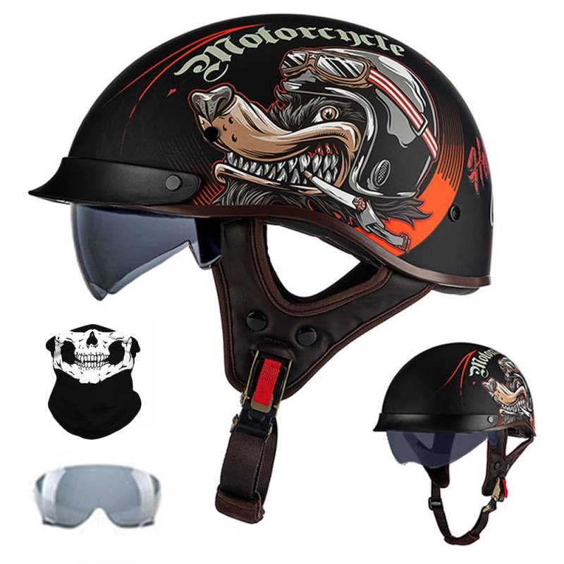 Yirunfa Motorradhelm Retro Halbhelm, Halbschale Jethelm, ECE-Zulassung, Mit Brille Und Gesichtsabdeckung, Für Bike Cruiser Chopper Moped Scooter, für Damen und Herren Erwachsene, M~XXL von Yirunfa