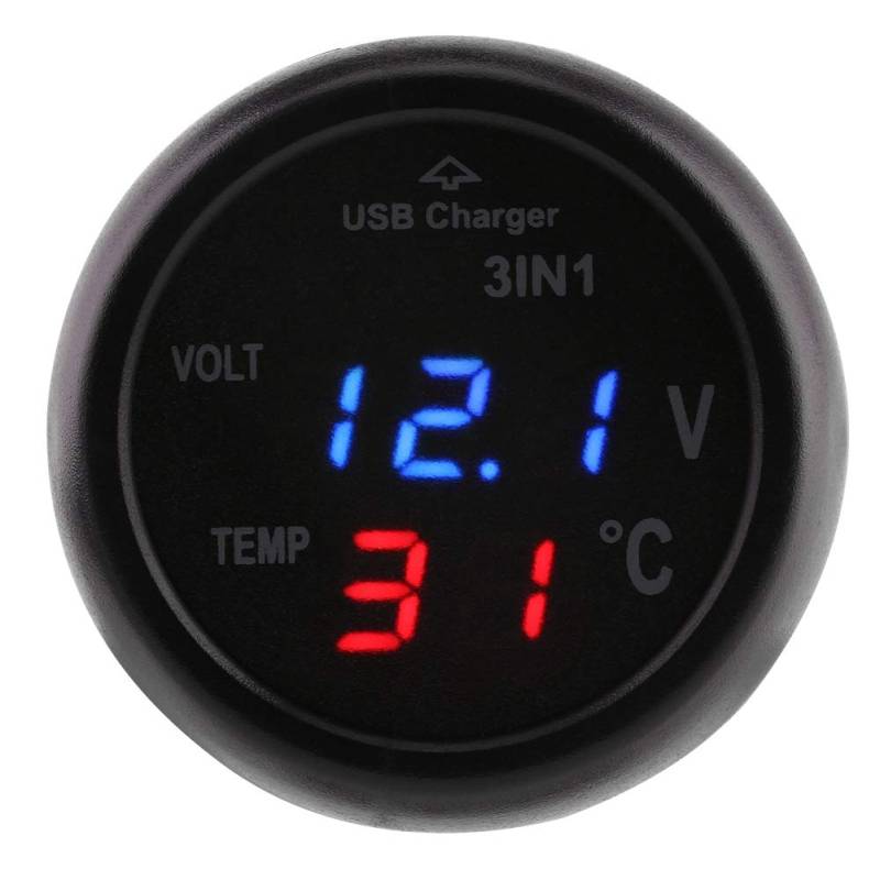 Ymiko Autothermometer Voltmeter Zigarettenanzünder Mit USB-Autoladegerät, 3-Zoll-Dual-LED-Anzeige Digital Voltmeter Thermometer Zigarettenanzünder USB-Autoladegerät PKW(Blau Rot) von Ymiko