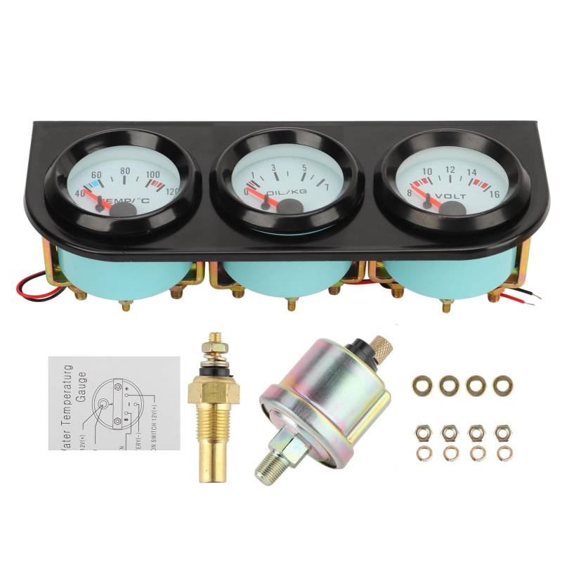 Ymiko Universelles Auto-Dreifach-Messgerät, Wassertemperatur mit Volt- und Öldruckmesser 52 Mm/2 Zoll Autoinstrument, Geeignet für die Meisten 12-V-4/6/8-Zylinder- und inautos, Boote, LKWs von Ymiko