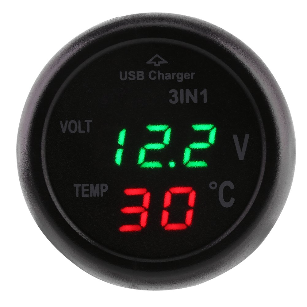 Ymiko Autothermometer Voltmeter Zigarettenanzünder Mit USB-Autoladegerät, 3-Zoll-Dual-LED-Anzeige Digital Voltmeter Thermometer Zigarettenanzünder USB-Autoladegerät PKW(rot grün) von Ymiko