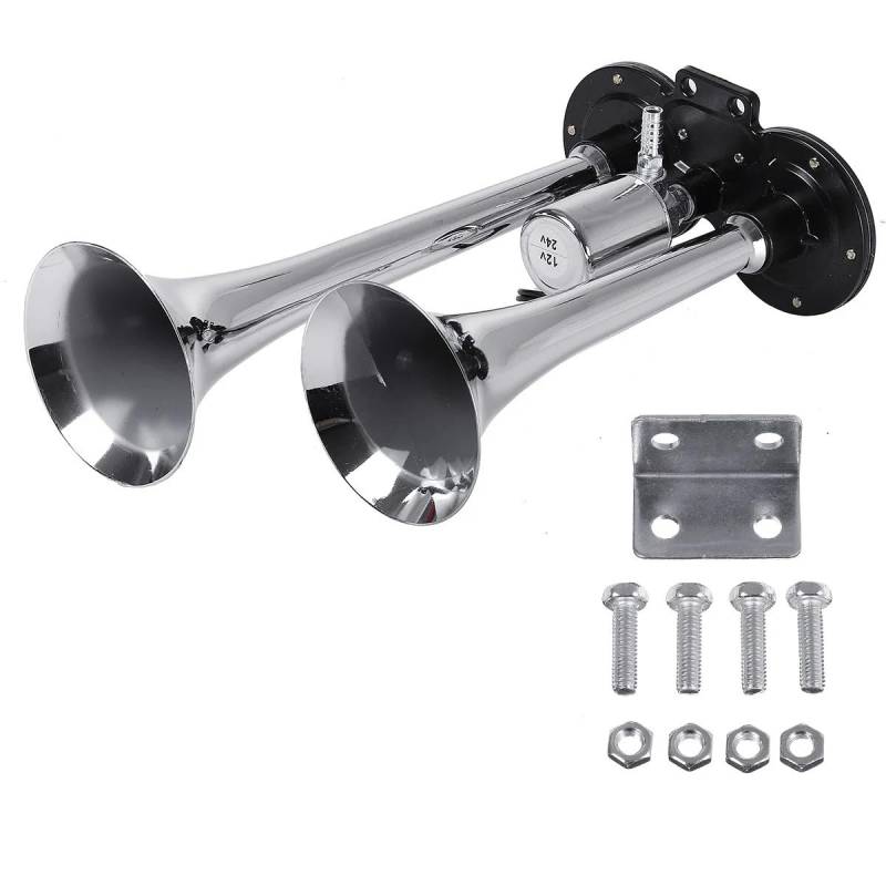 Auto Hupe,Motorrad Hupe 60. 0db Auto Horn super laute doppelte Trompete Lufthorn 1 2V / 24V. Kompressor for Auto Truck Boat Train Horn Hooter for Auto Sound Signal(Silver) von Ymnilian