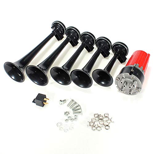 Auto Hupe,Motorrad Hupe Universal 5 Trompete musikalische elektronische Chrom-Lufthorn 1 2V 125 DB. Car Truck Boat Busses Luftkompressor(Black) von Ymnilian