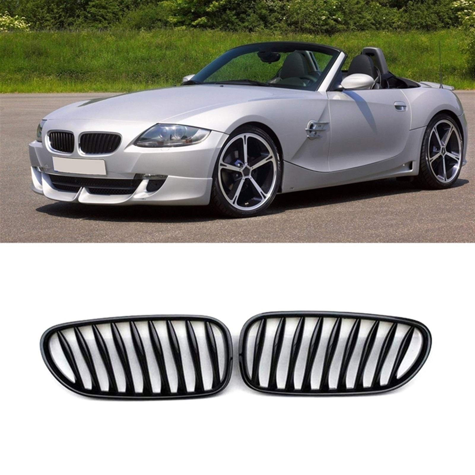 Kühlergrill,Kühlergrill Streifen E85 Grille, Vorder Replacement Kidney Grill Passend für BMW Z4 / E85 2003-2008 (Gloss Black) von Ymnilian