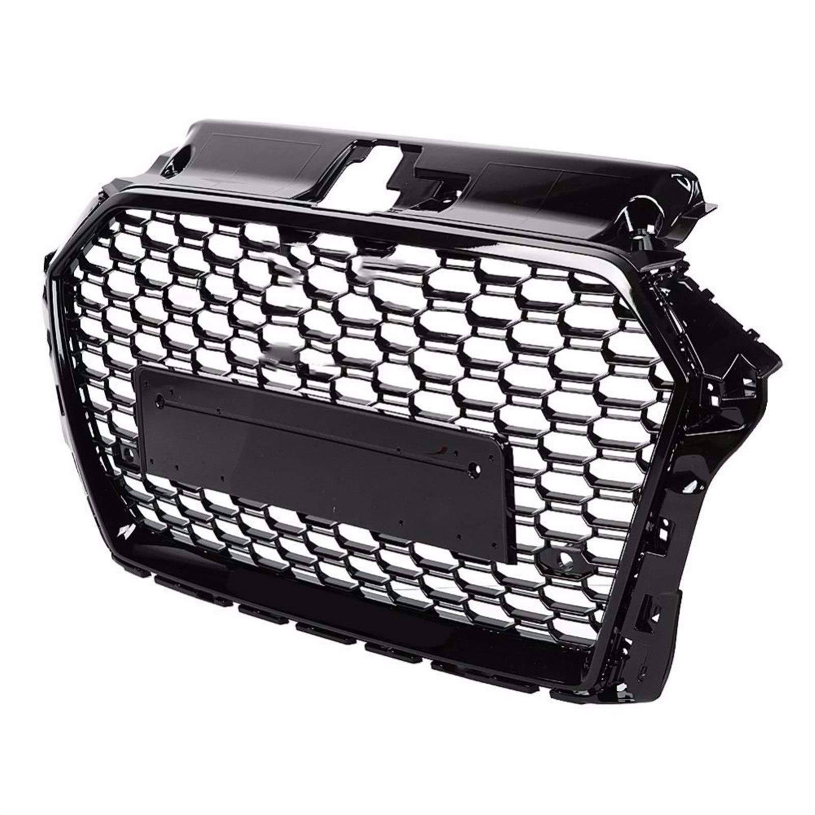 Kühlergrill,Kühlergrill Streifen Passend für RS3 Stil Vorder Sport Sechseckgitter Honeycomb Hood Grill Gloss Black Passend für A3 / S3 8V 2017-2019 Autozubehör(Without Emblem) von Ymnilian