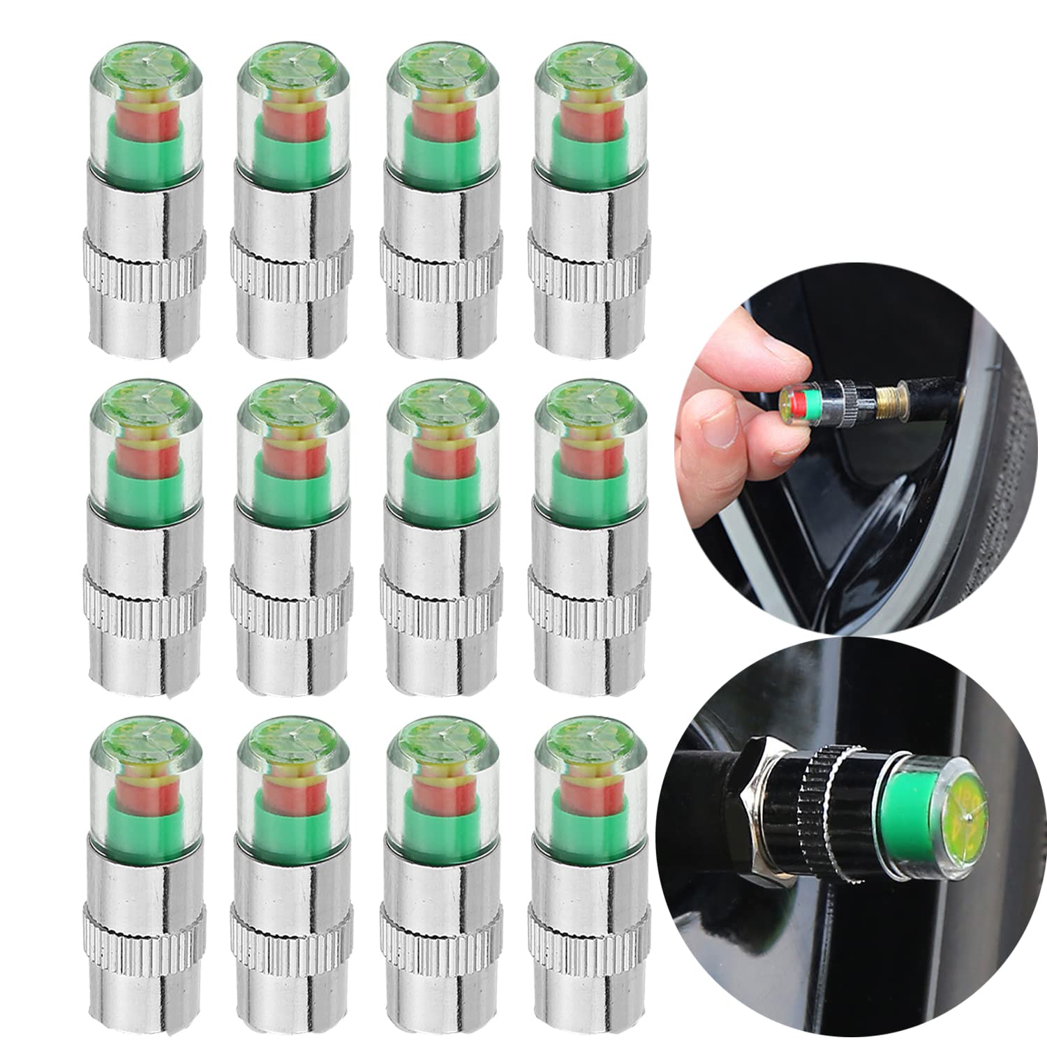 12 stücke autoreifendruckmonitor ventilschaftkappe sensoranzeige, 2,4 Bar 36 PSI Drucküberwachungs-Reifenventilschaftkappen mit 3-farbigem Augenalarm für Autos, Motorräder, Fahrräder. von YoMaris