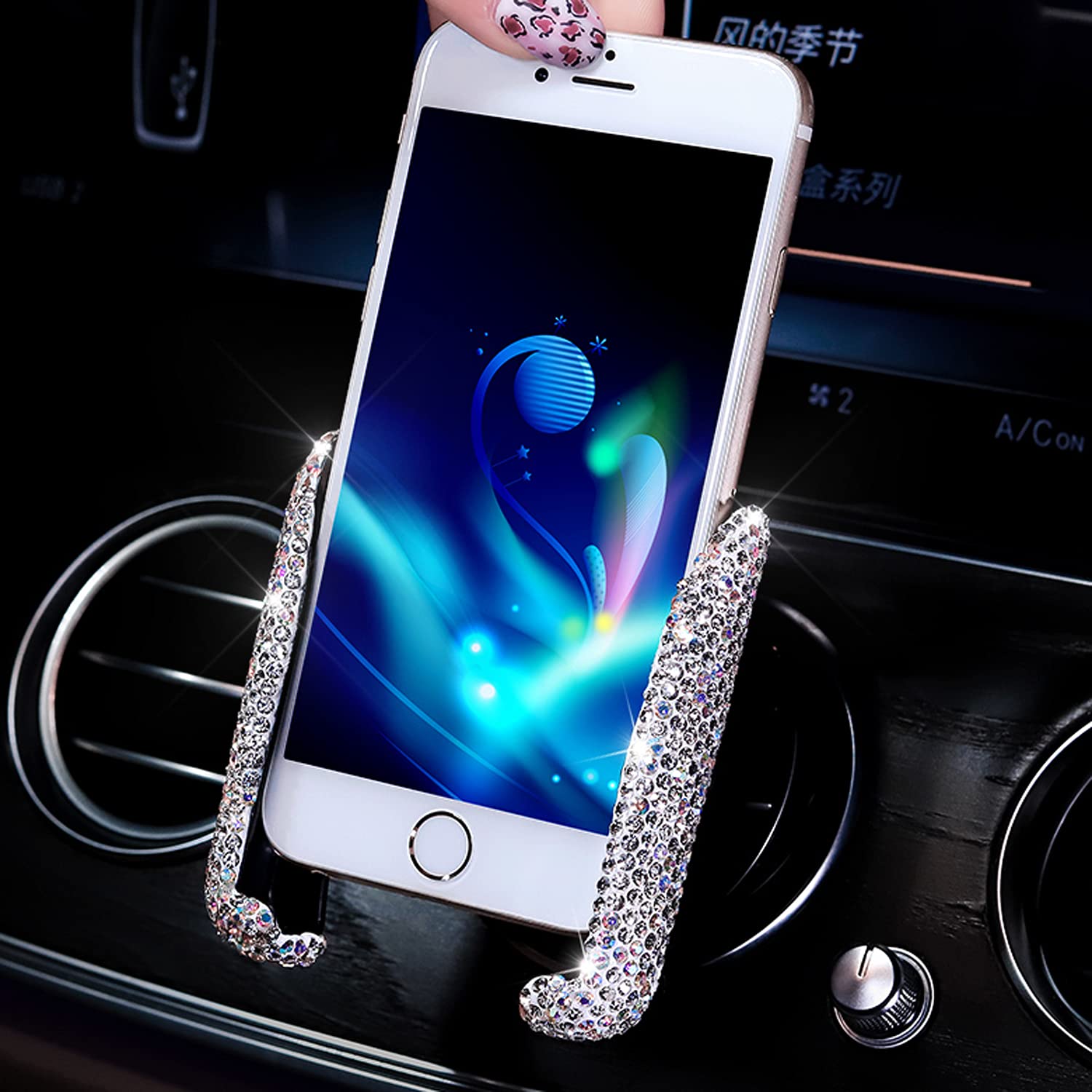 YoMaris Bling Autotelefonhalter, Mini Car Dash Air Vent Automatischer Telefonhalter, Universal 360 ° Verstellbarer Kristall Auto Autoständer Telefonhalter Autozubehör für Frauen und Mädchen. (Weiß) von YoMaris