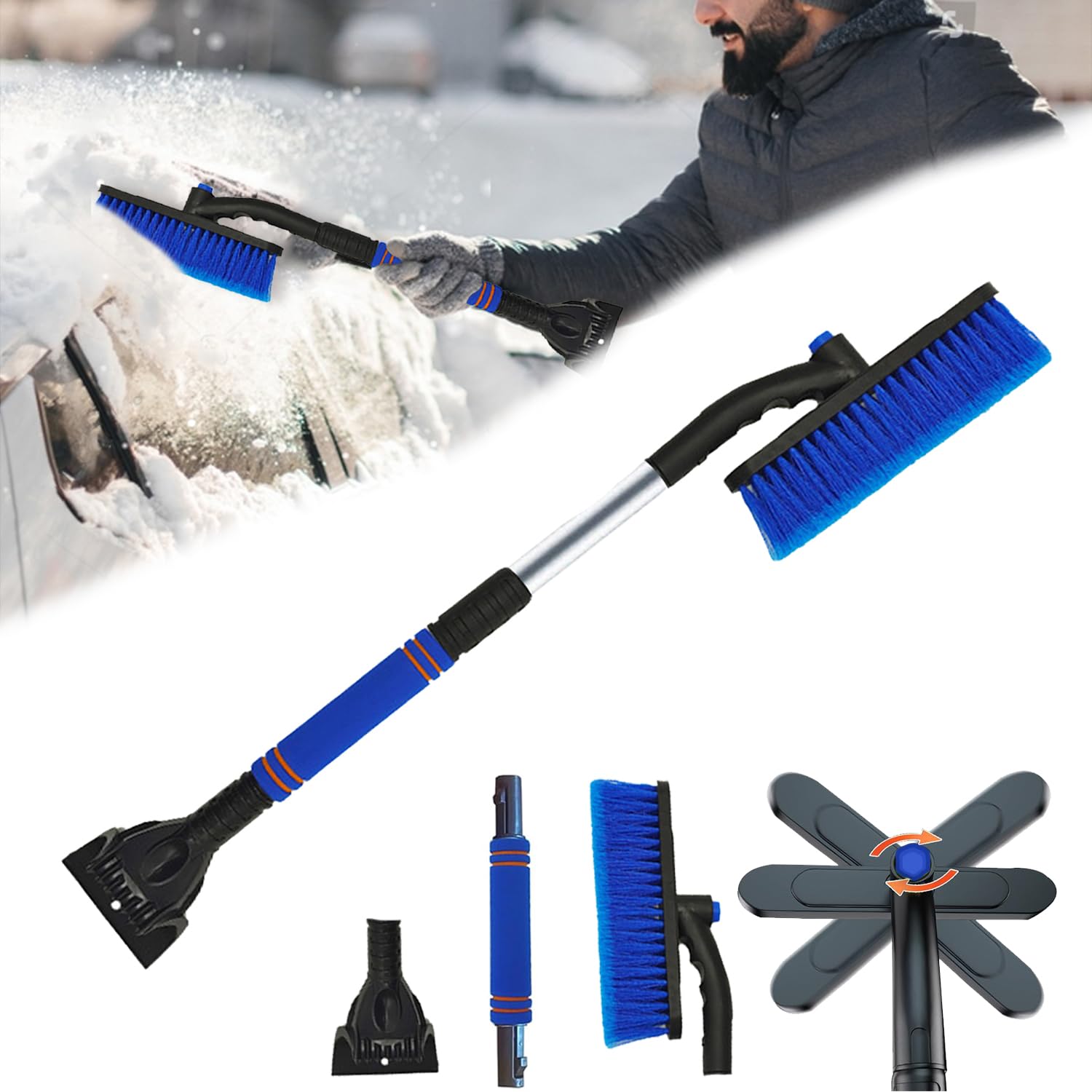YongSral 3-in-1 Eiskratzer Auto mit Besen, 80CM Schneebesen Auto Ausziehbar, 360 ° Drehbarer Teleskop Schneebesen Auto, Scheibenkratzer Auto, Geeignet Auto, SUV, LKW Windschutzscheibe (Blau) von YongSral