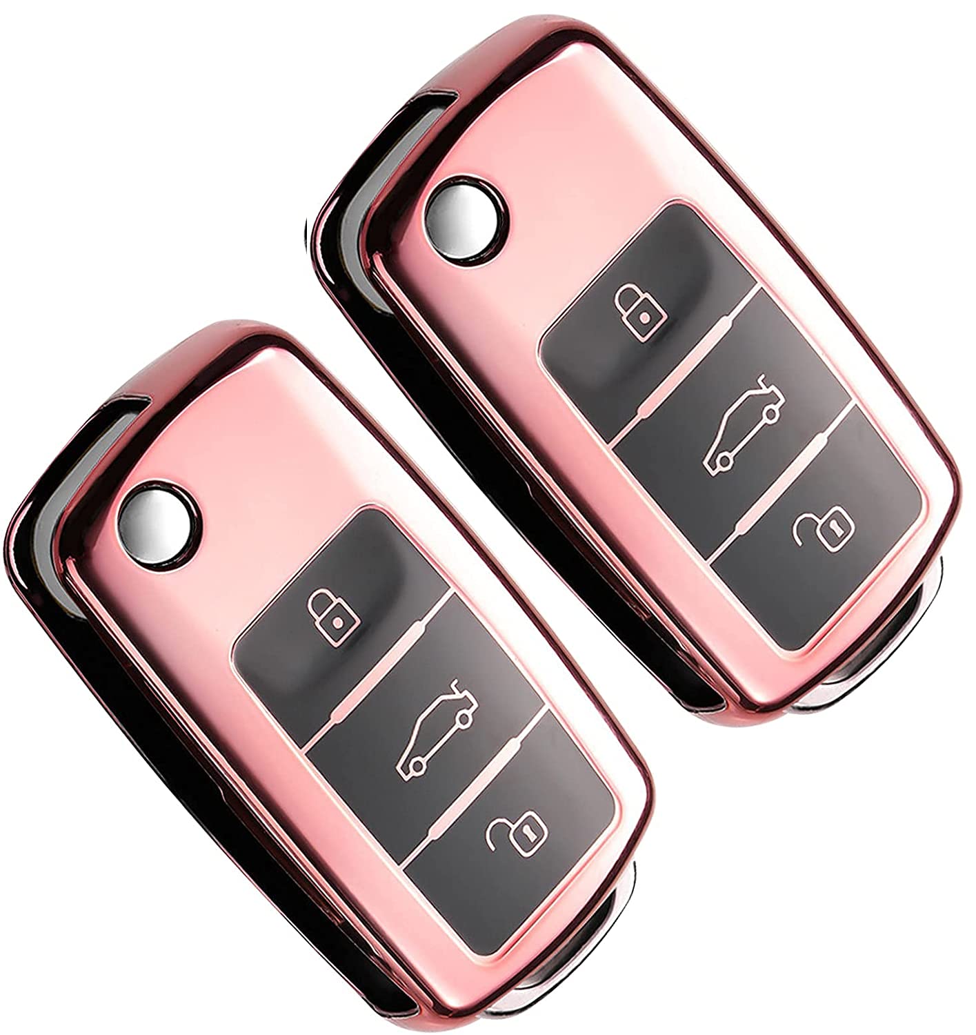Yosemy 2stk Autoschlüssel Hülle,Schlüssel Hülle VW Golf Skoda Seat Schlüsselhülle Cover 3-Tasten TPU Auto Schlüssel Cover (Roségold+Roségold) von Yosemy