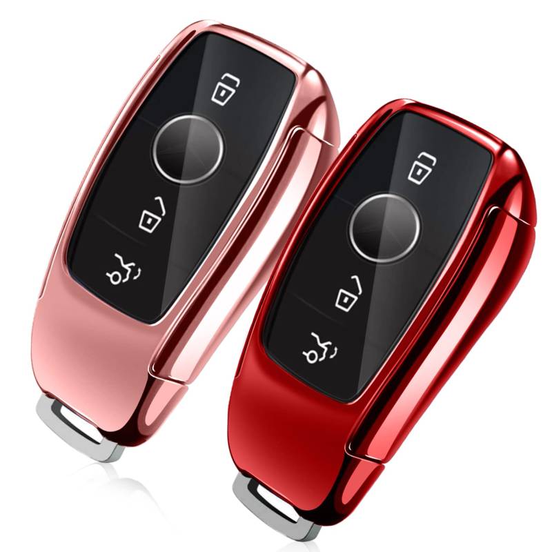 Yosemy 2stk Autoschlüssel Hülle Schlüsselhülle Kompatibel für Merce*des Ben_z Schlüssel Hülle MB Auto Schlüssel TPU Cover für Klasse A B C E S CLA GLA GLE GLC GLK AMG (2Stk/Roségold+Rot) von Yosemy