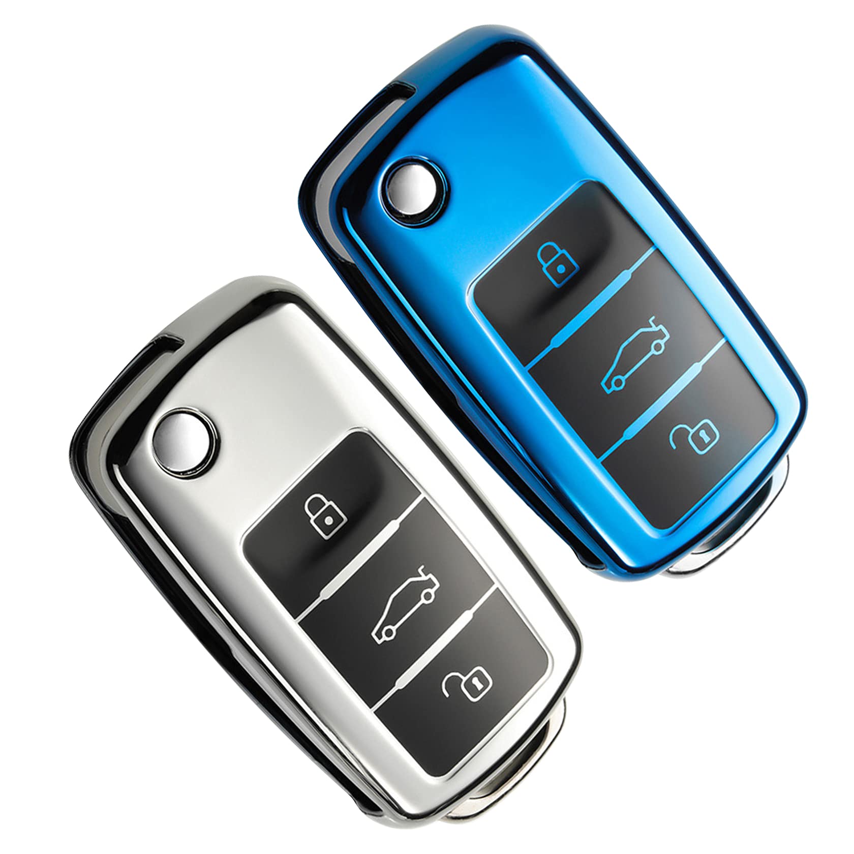 Yosemy Autoschlüssel Hülle 2 Stück Schlüssel Hülle Kompatibel für VW Golf Skoda Seat Schlüsselhülle Cover 3-Tasten TPU Auto Schlüssel Cover (Silber+Blau) von Yosemy