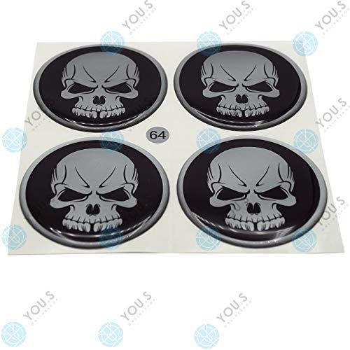 4 x YOU.S Nabenkappen Silikon Aufkleber 64,0 mm - schwarz silber Totenkopf Logo selbstklebend von You.S