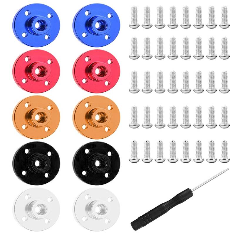 Youmile 10 Stück 25T Servoarm Horn Aluminium Runde Typ Servolorn 5 Farbe Blau Rot Schwarz Silber Orange für RC Car mit 40 Stück M3 Schraube, Schraubendreher von Youmile