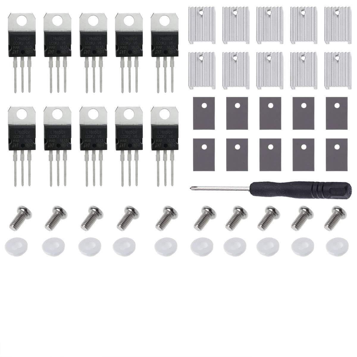 Youmile 10 Stück Spannungsregler IC Transistoren L7805CV L7805 5 V 1,5 A TO-220 3PIN MOSFET Transistoren für Arduino mit Kühlkörper von Youmile
